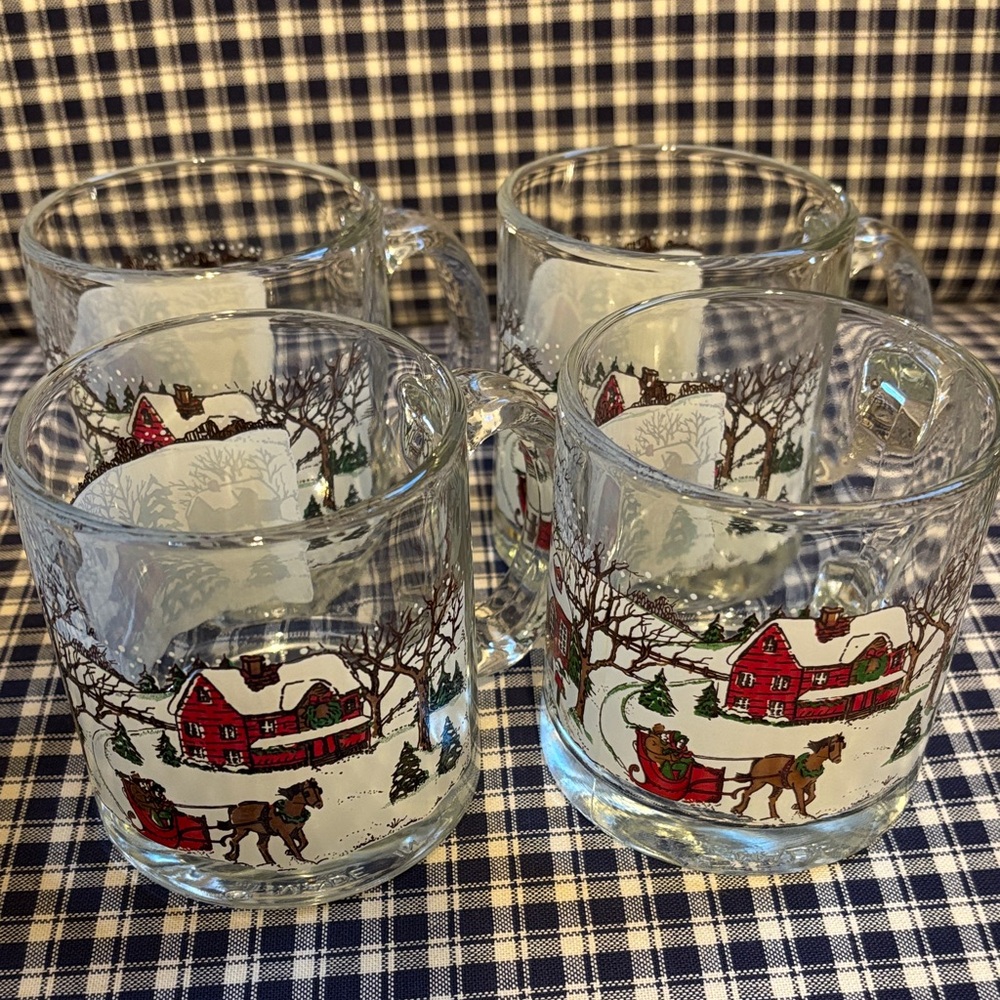 Libbey vintage Set of 4 Currier and Ives Winter Scene Glass Mugs